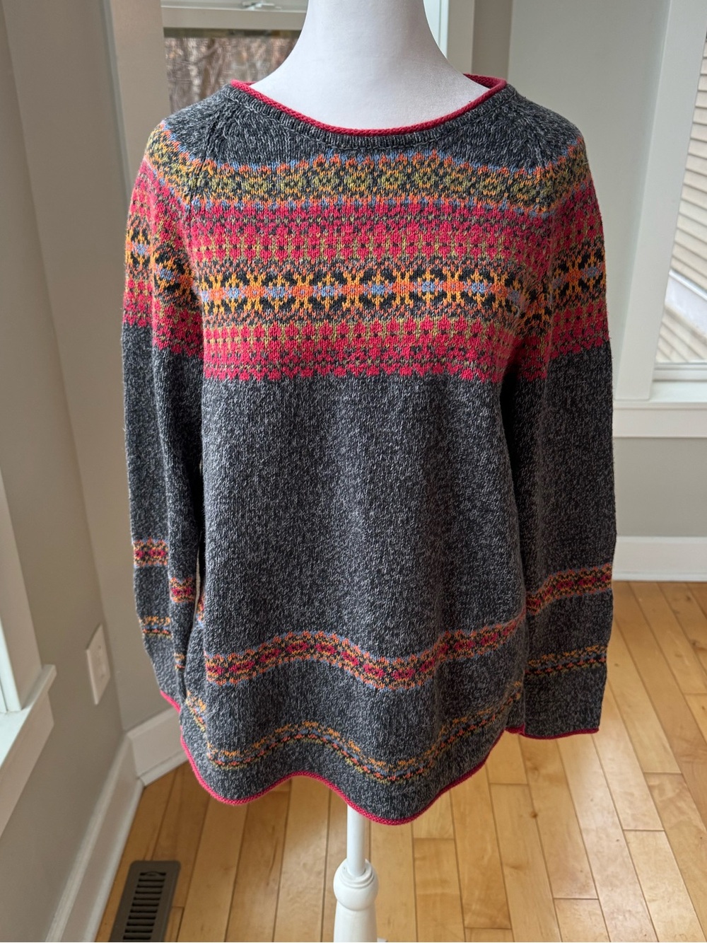 Vintage 90’s Erika & Co Grey Red Ramie Cotton Fair Isle Sweater Small